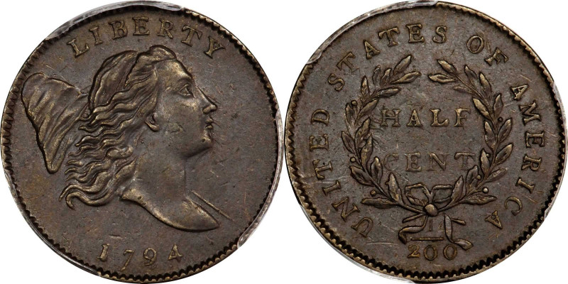 1794 Liberty Cap Half Cent. C-1a. Rarity-3. Normal Head. Large Edge Letters. AU-...