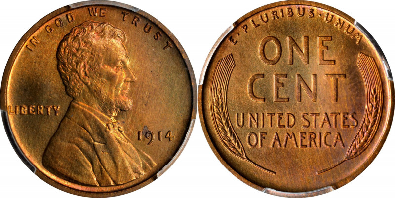 1914 Lincoln Cent. Proof-66 RB (PCGS). CAC.
Nearly in the full Red category, th...