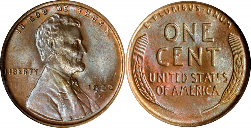 1922-D Lincoln Cent. MS-66 BN (NGC).
This semi-key date Lincoln cent is a highl...