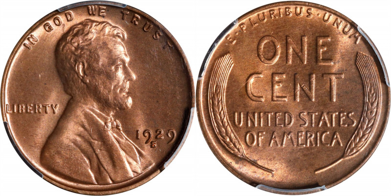 1929-S Lincoln Cent. MS-66 RD (PCGS).
A satiny pinkish-rose Gem with bold luste...