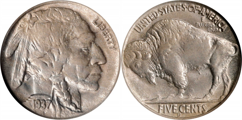 1937-D Buffalo Nickel. FS-901. 3-Legged. MS-61 (NGC).
Satiny pearl-gray surface...