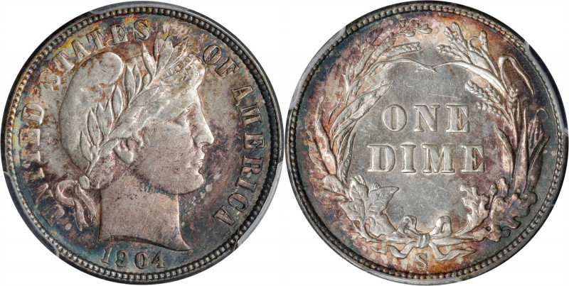 1904-S Barber Dime. MS-62 (PCGS).
Rich peripheral toning in steel-blue and rose...