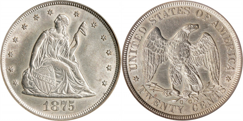 1875-CC Twenty-Cent Piece. BF-2. Rarity-1. MS-62 (PCGS). OGH.
A brilliant satin...