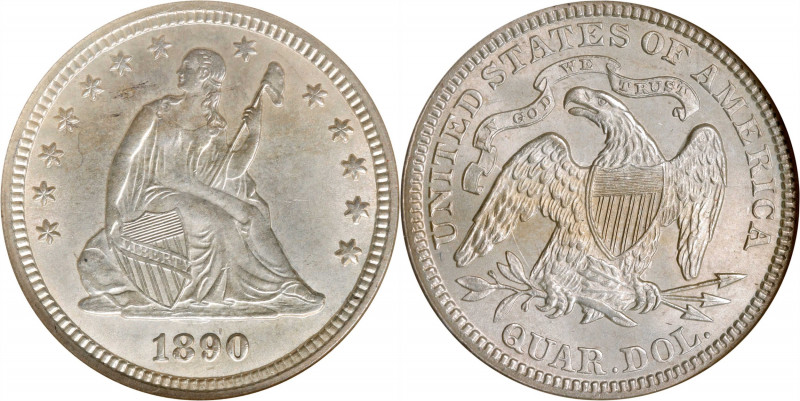 1890 Liberty Seated Quarter. MS-64 (NGC).
Lightly toned in pale silver and cham...