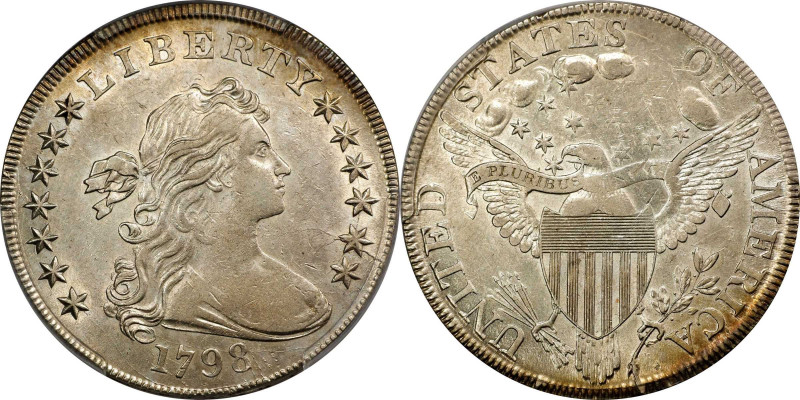 1798 Draped Bust Silver Dollar. Heraldic Eagle. BB-124, B-24. Rarity-2. Pointed ...