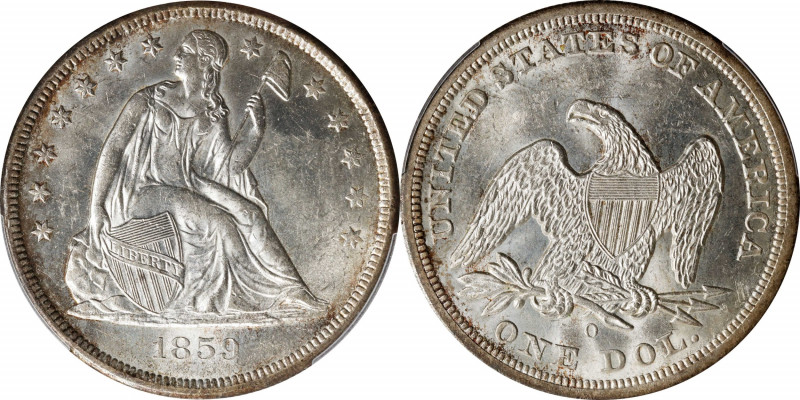 1859-O Liberty Seated Silver Dollar. OC-2. Rarity-1. MS-62 (PCGS).
This Treasur...