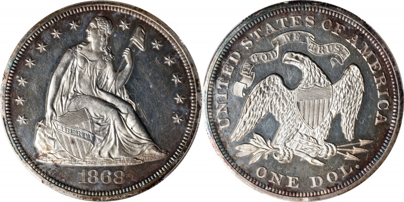 1868 Liberty Seated Silver Dollar. Proof-62 (PCGS).
From a Proof mintage of 600...