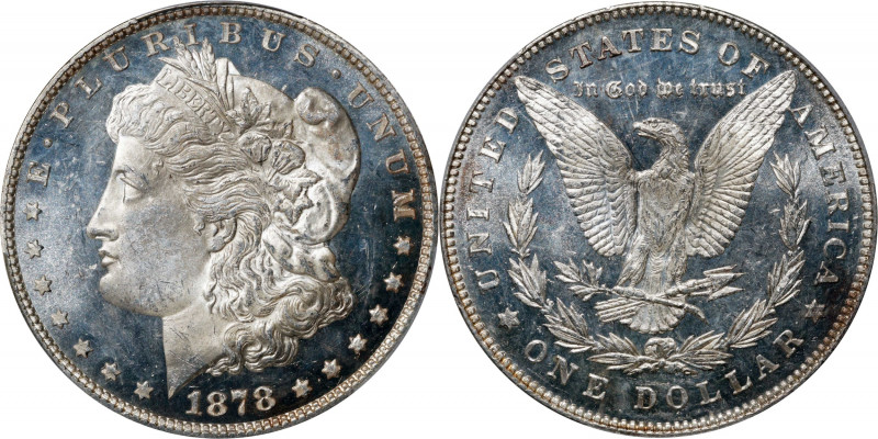 1878 Morgan Silver Dollar. 7/8 Tailfeathers. Strong. MS-63 DMPL (PCGS).
Fully s...