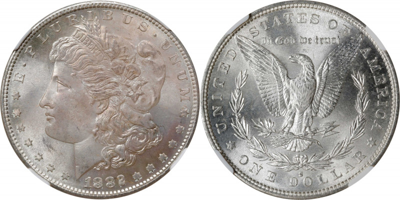 1882-S Morgan Silver Dollar. MS-67+ (NGC).
Dusted with smoky pinkish-silver pat...