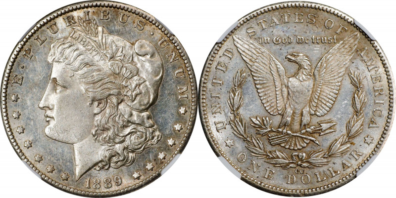 1889-CC Morgan Silver Dollar. AU-58 (NGC).
A superior example of one of the mos...