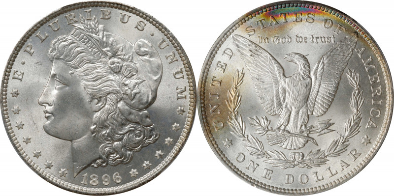 1896 Morgan Silver Dollar. MS-67+ (PCGS).
The silver-tinged obverse contrasts w...