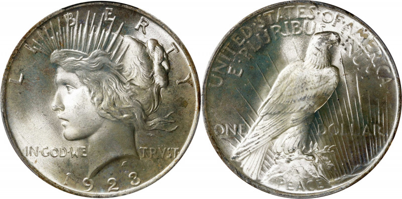 1923 Peace Silver Dollar. MS-67+ (PCGS).
This enchanting Superb Gem is drenched...