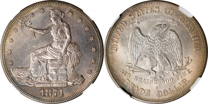 1874-S Trade Dollar. MS-62 (NGC).
This pleasing BU type candidate is lightly to...