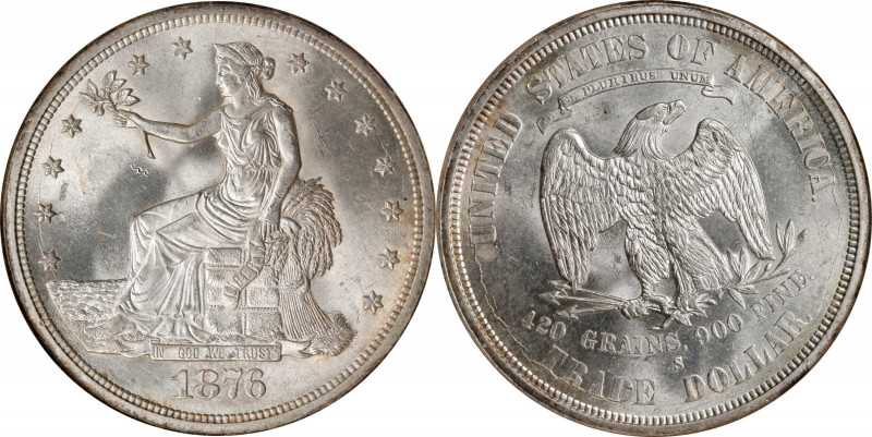 1876-S Trade Dollar. Type I/I. MS-63 (NGC).
A brilliant, satiny and highly lust...