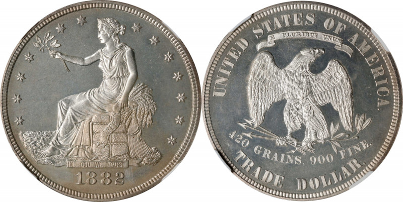 1882 Trade Dollar. Proof-62 (NGC).
Lightly toned in smoky silver-gray, this ful...