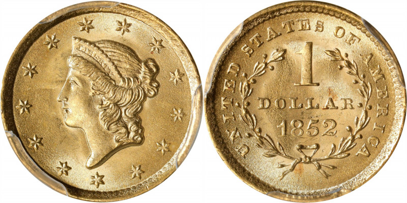 1852 Gold Dollar. MS-65 (PCGS).
A frosty and smooth-looking Gem with pretty gol...