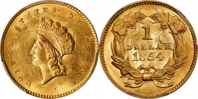 1854 Gold Dollar. Type II. MS-63 (PCGS).
Uncommonly well struck by the standard...