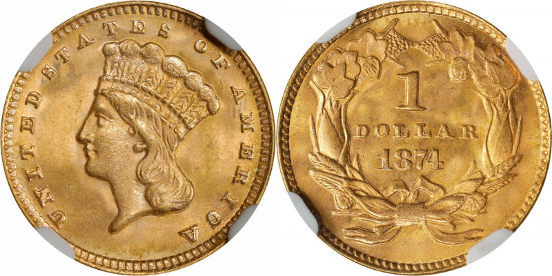 1874 Gold Dollar. MS-66 (NGC).
Simply exquisite technical quality and eye appea...