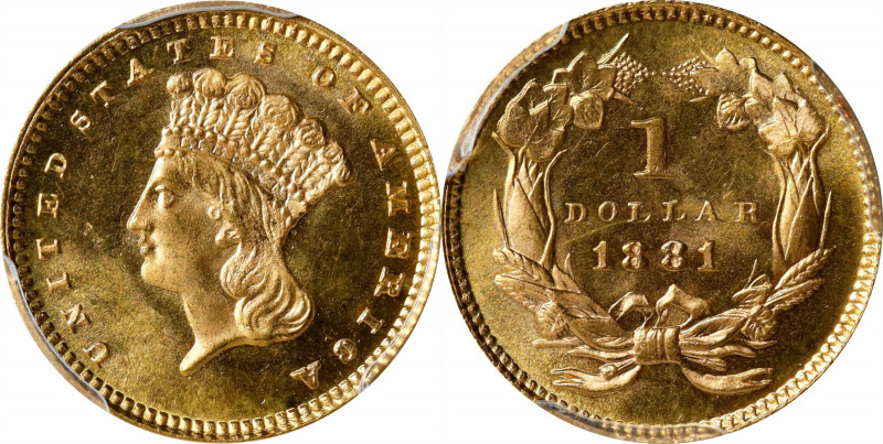 1881 Gold Dollar. MS-64 (PCGS).
Fully struck with intense semi-prooflike luster...