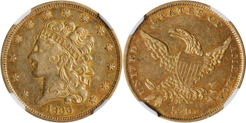 1836 Classic Head Quarter Eagle. HM-7. Rarity-3. AU-50 (NGC).
Glints of pale si...