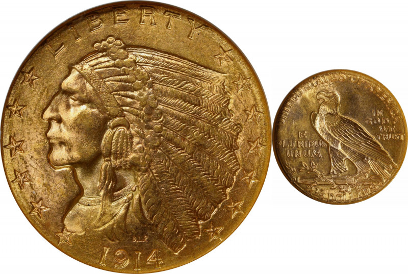 1914-D Indian Quarter Eagle. MS-64 (NGC). CAC.
Beautiful orange-gold surfaces a...