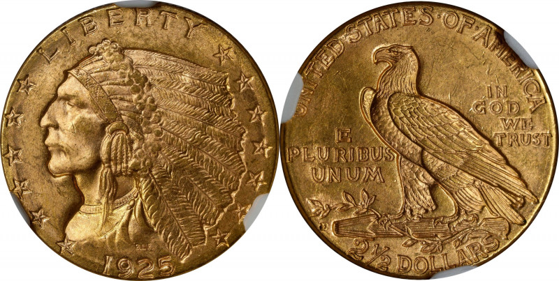 1925-D Indian Quarter Eagle. MS-64 (NGC). CAC.
Frosty golden-rose surfaces with...