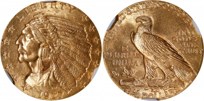 1927 Indian Quarter Eagle. MS-65+ (NGC).
Intensely lustrous and smooth with lig...