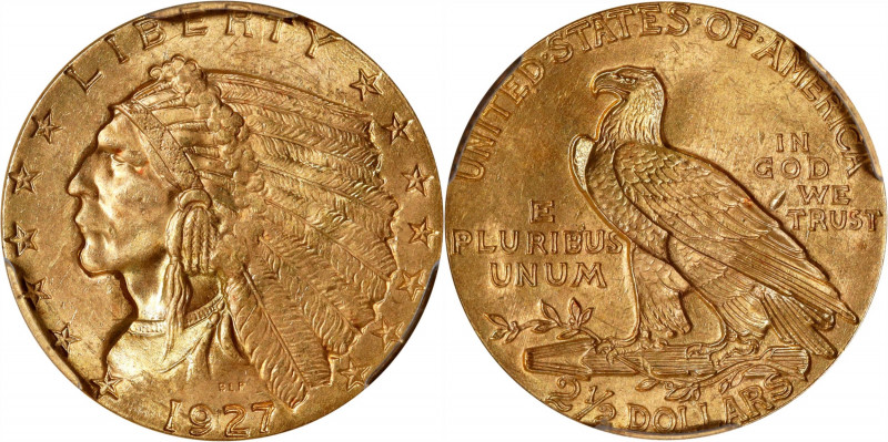 1927 Indian Quarter Eagle. MS-65 (PCGS).
Delightful satin surfaces are sharply ...