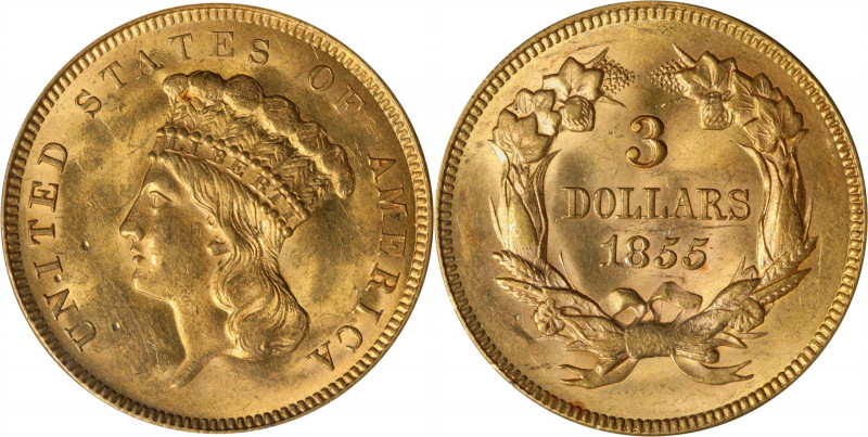 1855 Three-Dollar Gold Piece. MS-61 (PCGS). CAC. OGH--First Generation.
This at...