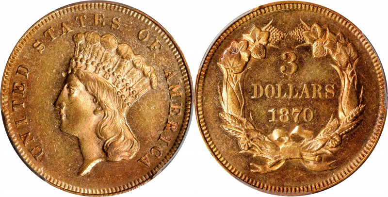 1870 Three-Dollar Gold Piece. AU-58 (PCGS).
A visually striking coin with just ...