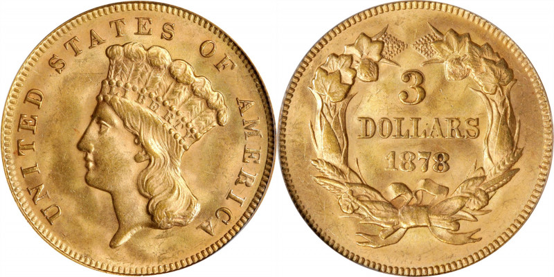 1878 Three-Dollar Gold Piece. MS-63 (PCGS). CAC. OGH.
Lovely satin to softly fr...