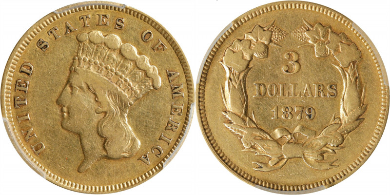 1879 Three-Dollar Gold Piece. VF-30 (PCGS).
A rare coin given that this issue s...