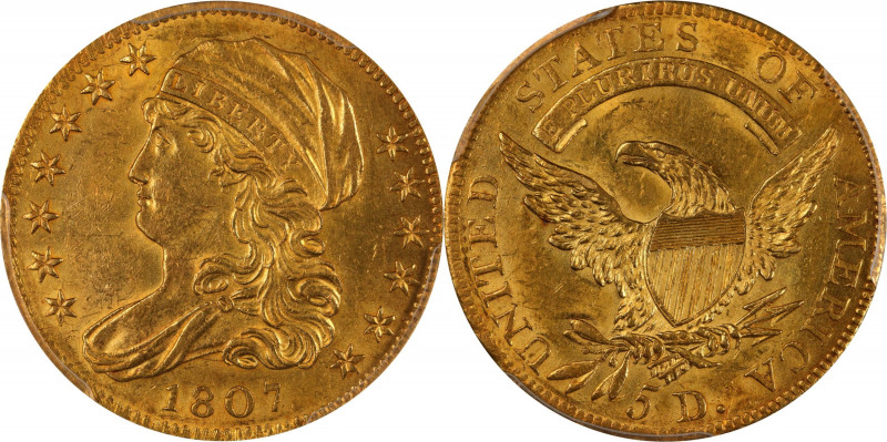 1807 Capped Bust Left Half Eagle. BD-8. Rarity-2. AU-58 (PCGS).
This thoroughly...