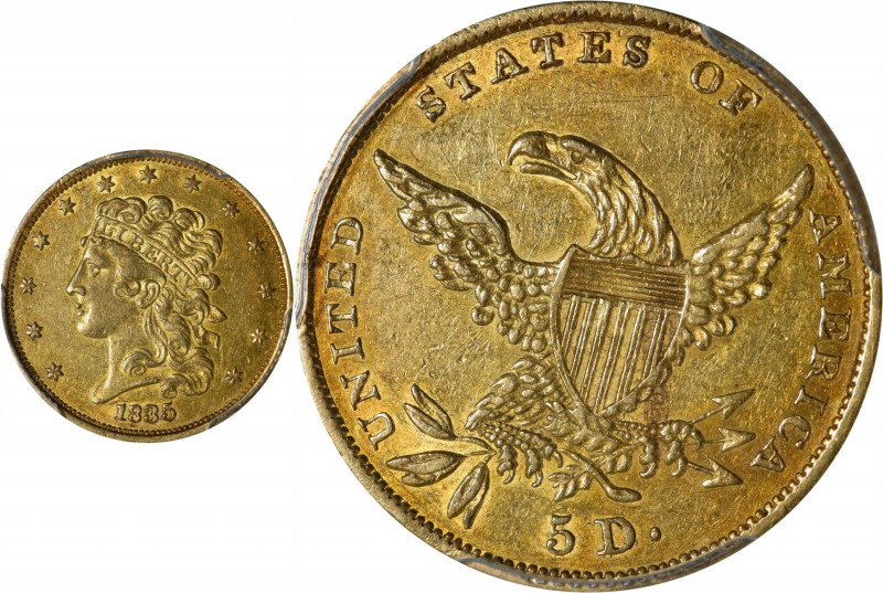 1835 Classic Head Half Eagle. HM-1. Rarity-2+. AU-50 (PCGS).
Light olive undert...