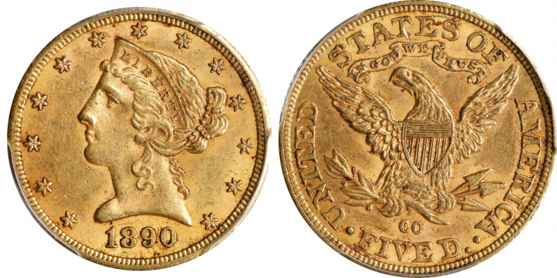 1890-CC Liberty Head Half Eagle. Winter 1-A, the only known dies. MS-61 (PCGS)....