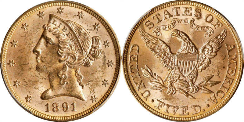 1891 Liberty Head Half Eagle. MS-63+ (PCGS).
Soft satin luster blends with pale...