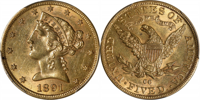 1891-CC Liberty Head Half Eagle. Winter 1-A. MS-61 (PCGS).
Satiny light golden-...