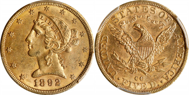 1892-CC Liberty Head Half Eagle. Winter 1-A, the only known dies. Die State III....