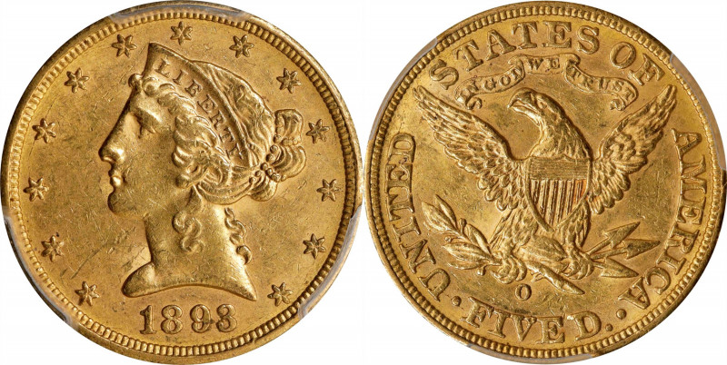 1893-O Liberty Head Half Eagle. Winter-1. MS-61 (PCGS). CAC.
A lustrous and wel...