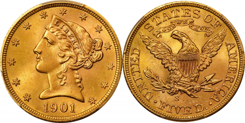 1901-S Liberty Head Half Eagle. MS-66 (PCGS).
This beautiful upper end Gem exhi...