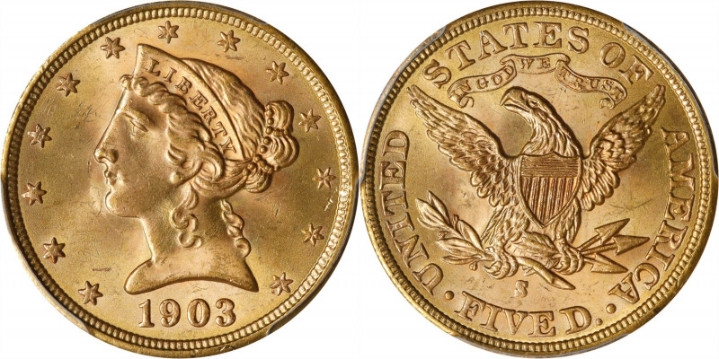 1903-S Liberty Head Half Eagle. MS-65 (PCGS).
Billowy mint luster blends with v...