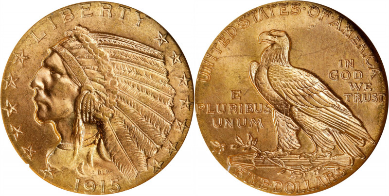 1915 Indian Half Eagle. MS-64 (NGC). CAC.
Gorgeous rose-gold color blends with ...