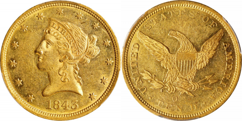 1843-O Liberty Head Eagle. Winter-3. AU-58 (PCGS).
Plenty of lively mint luster...