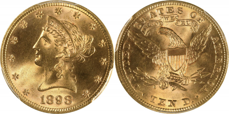 1898 Liberty Head Eagle. MS-64 (PCGS).
Lovely pinkish-gold surfaces are sharply...