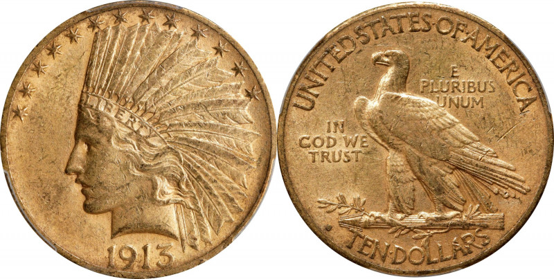 1913-S Indian Eagle. AU-53 (PCGS).
With a paltry mintage of 66,000 pieces, the ...