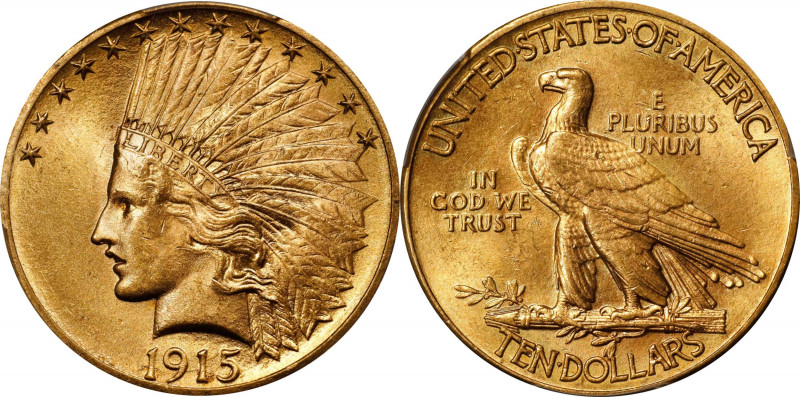 1915 Indian Eagle. MS-64 (PCGS).
Satiny golden-rose surfaces are fully struck w...