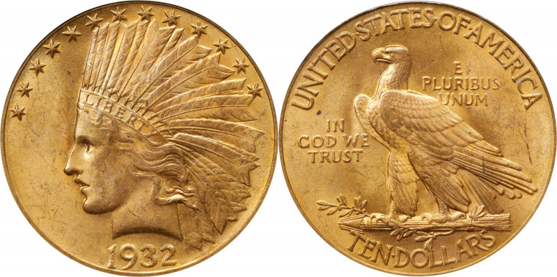 1932 Indian Eagle. MS-64 (PCGS).
This delightful near-Gem exhibits razor sharp ...