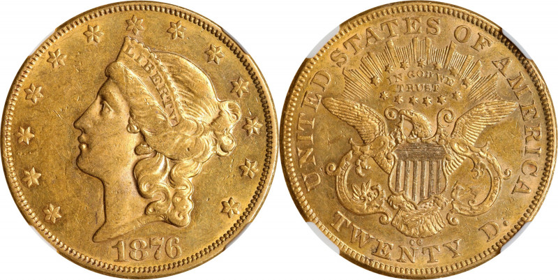 1876-CC Liberty Head Double Eagle. AU-55 (NGC).
Lustrous orange-gold surfaces a...