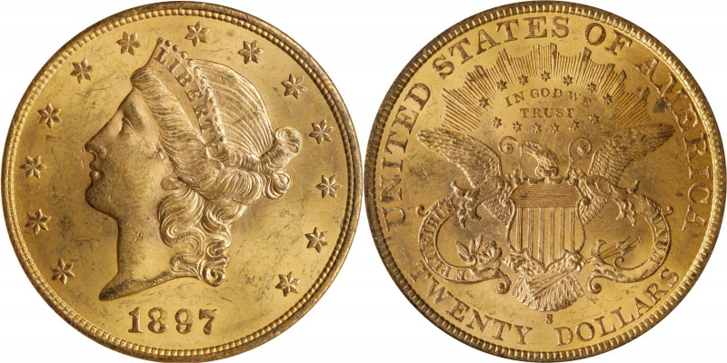 1897-S Liberty Head Double Eagle. MS-64 (PCGS).
Wonderfully original deep gold ...