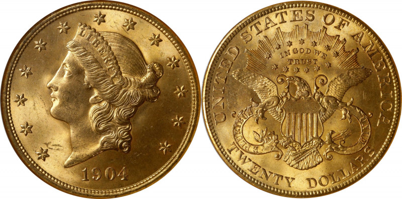 1904 Liberty Head Double Eagle. MS-65 (NGC).
Full striking detail, smooth satin...